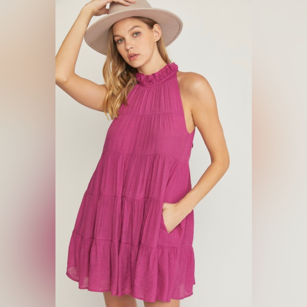 NWT Entro Ruffle Tie Neck Tiered Mini Dress Purple Orchid Size L